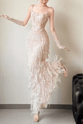 Serena Off-Shoulder 3D Floral Beaded Fringe Mermaid Maxi Dress - Avalabel