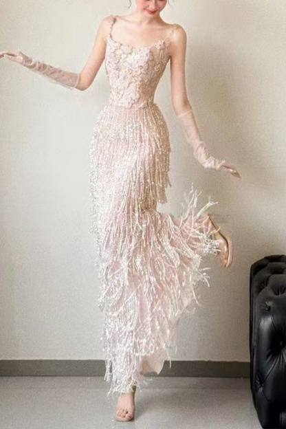 Serena Off Shoulder 3D Floral Beaded Fringe Mermaid Maxi Dress