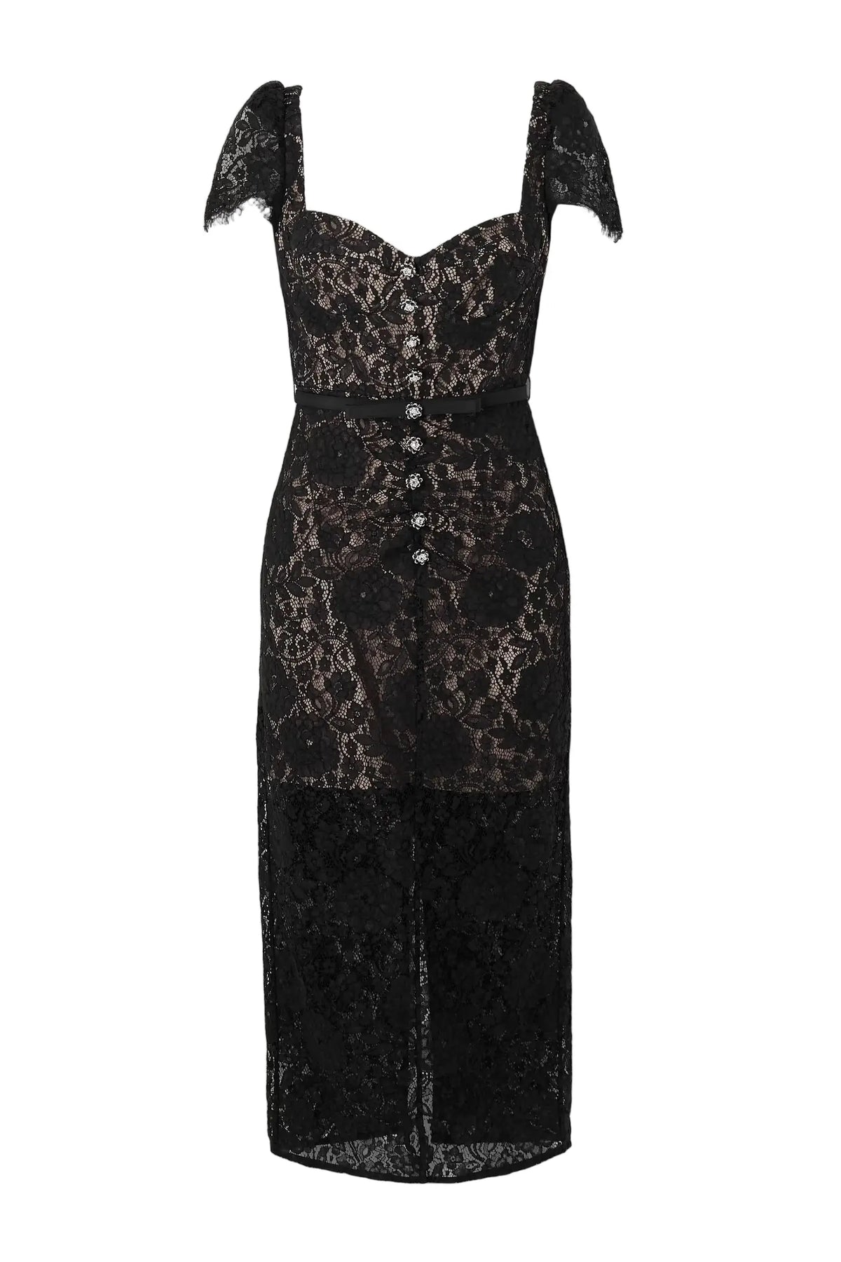 helen black Belted embellished cotton-blend lace midi dress Avalabel