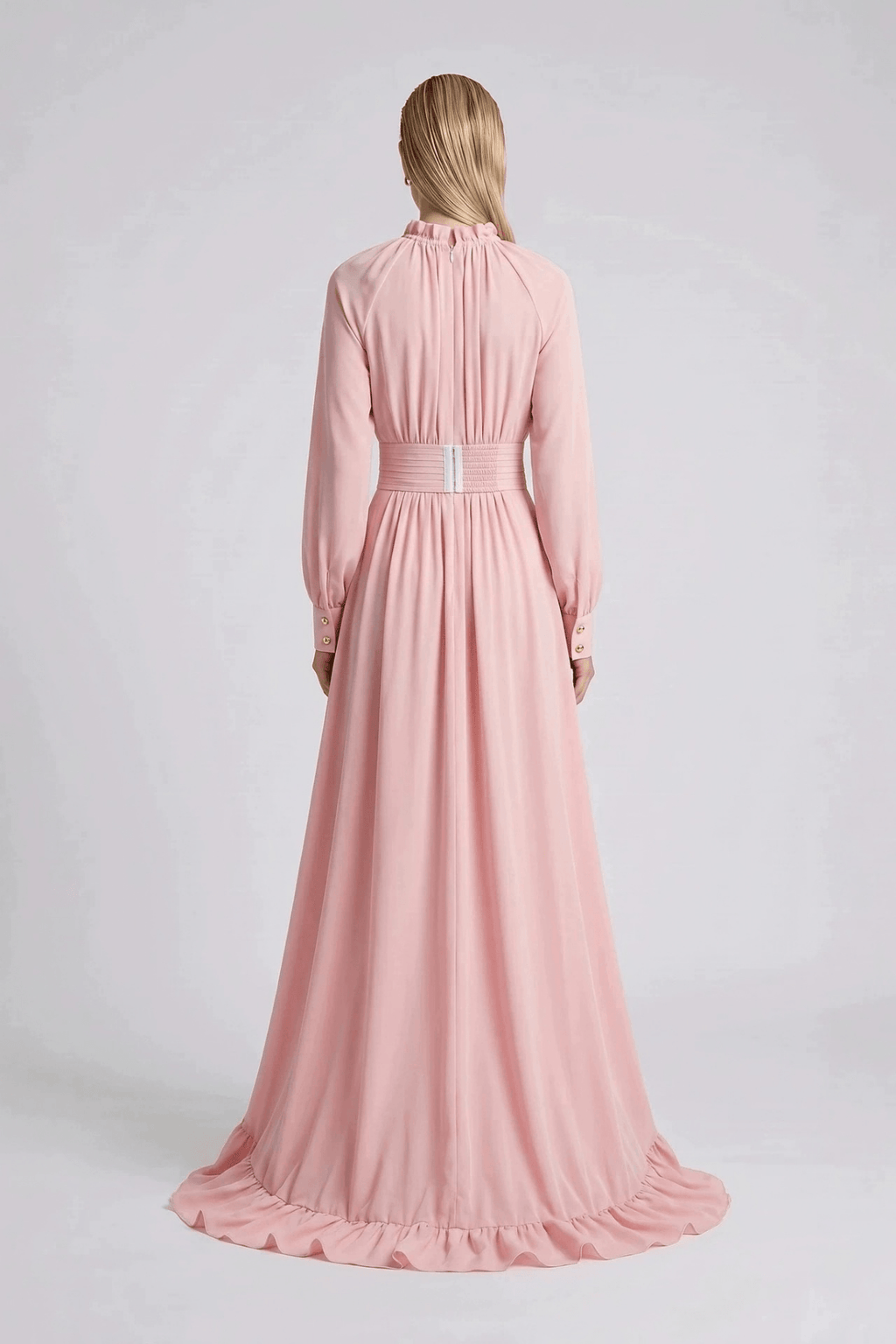 Karin Pink Long Sleeve High Low Ruffle Maxi Dress Avalabel