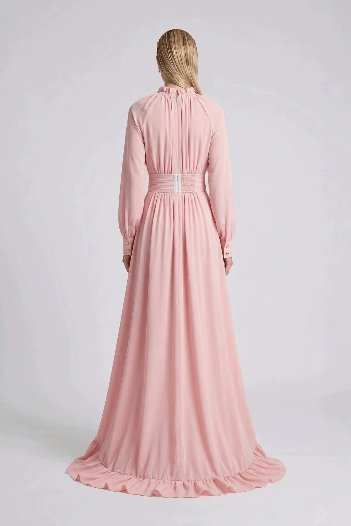 Karin Pink Long Sleeve High Low Ruffle Maxi Dress Avalabel
