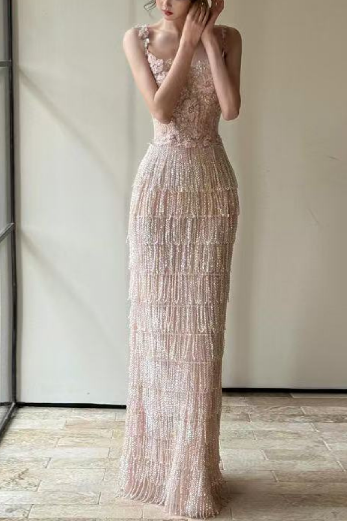 Serena Off Shoulder 3D Floral Beaded Fringe Mermaid Maxi Dress