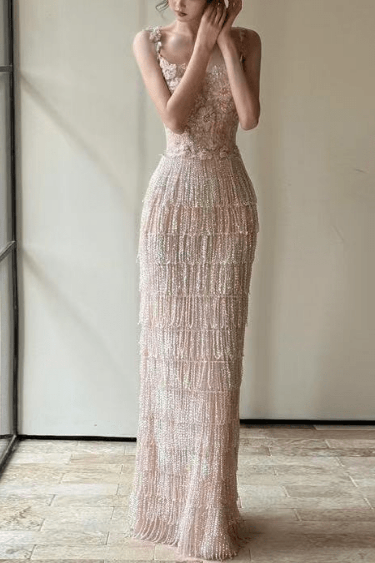 Serena Off-Shoulder 3D Floral Beaded Fringe Mermaid Maxi Dress - Avalabel