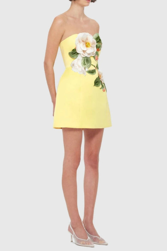Suzanne Appliqué Floral Bustier Mini Dress in Yellow