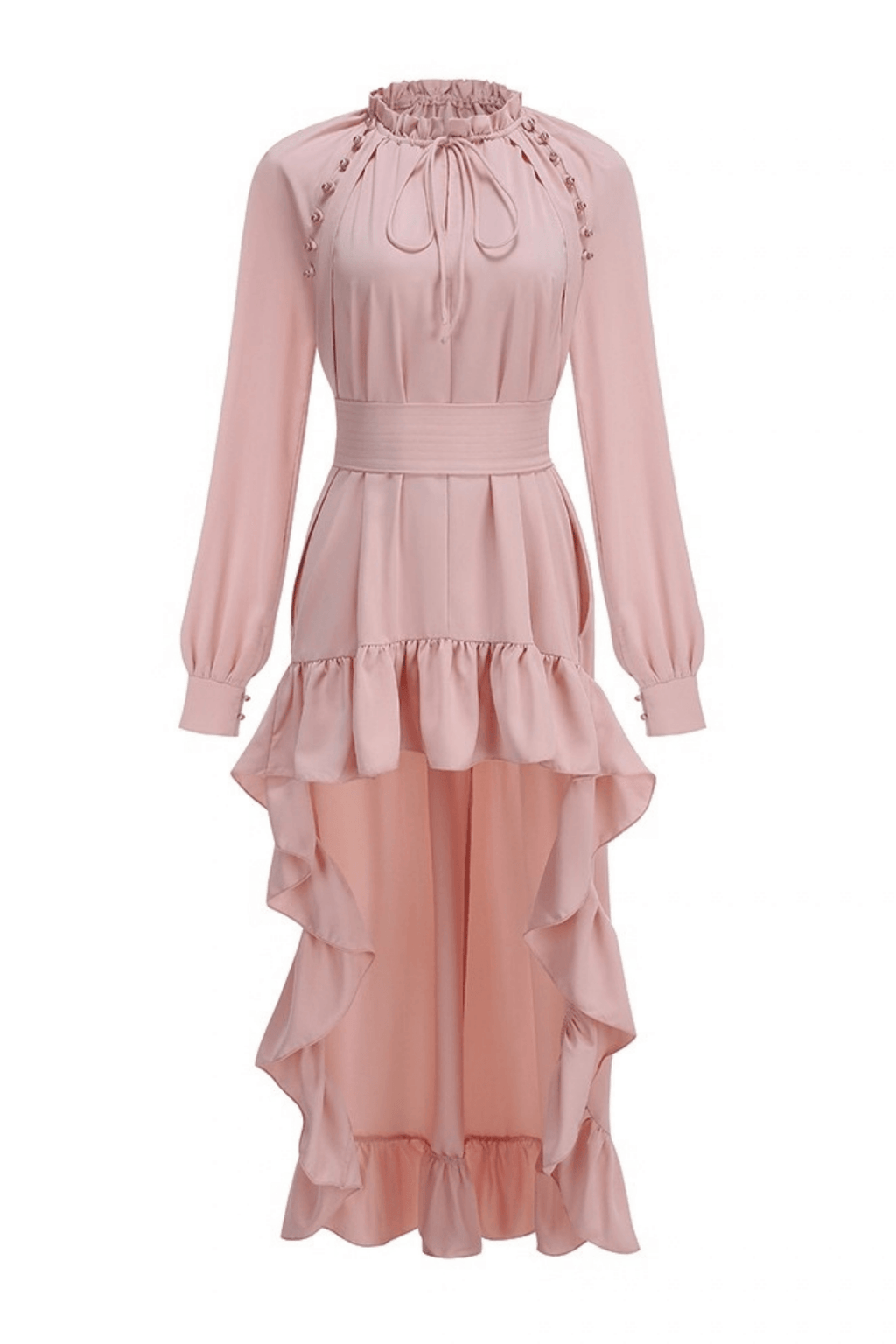 Karin Pink Long Sleeve High Low Ruffle Maxi Dress Avalabel