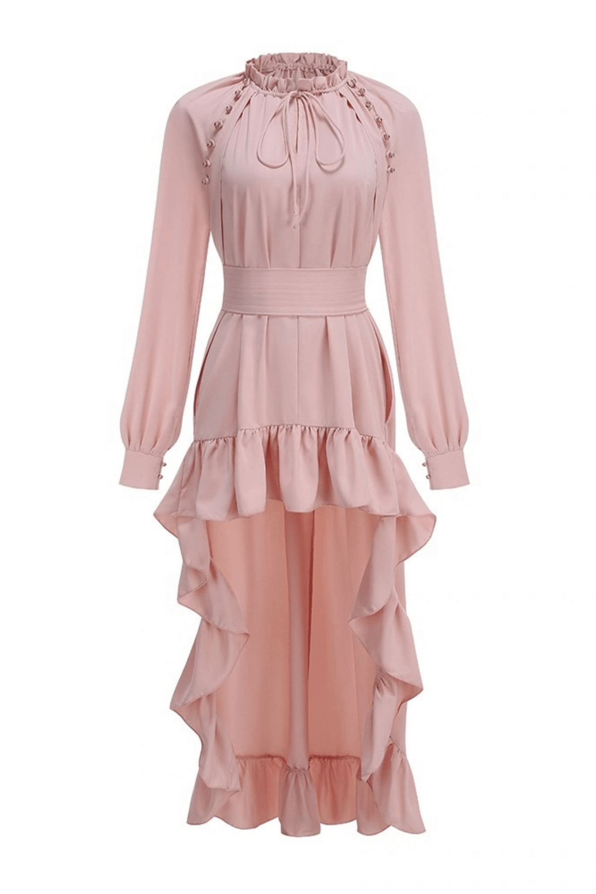 Karin Pink Long Sleeve High Low Ruffle Maxi Dress Avalabel