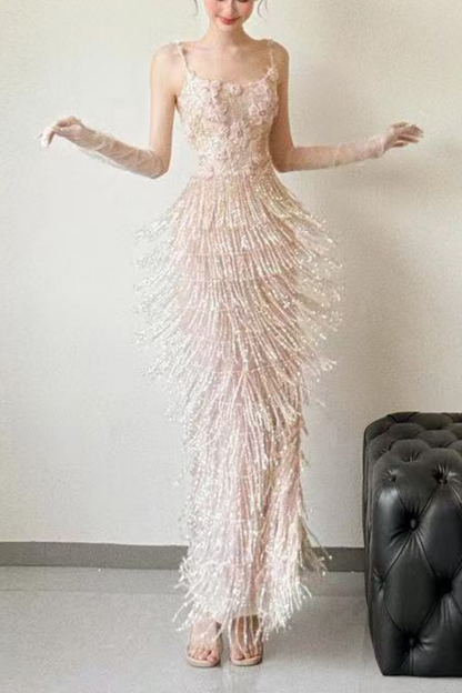 Serena Off Shoulder 3D Floral Beaded Fringe Mermaid Maxi Dress