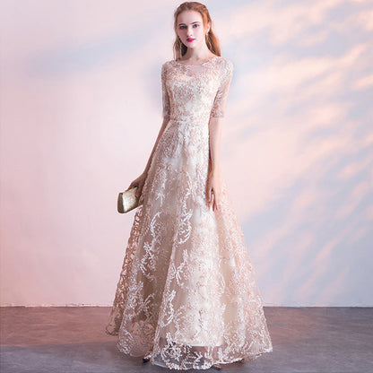 Queena Champagne Elegant Long Evening Gown Suitable for Banquets Maxi Dress