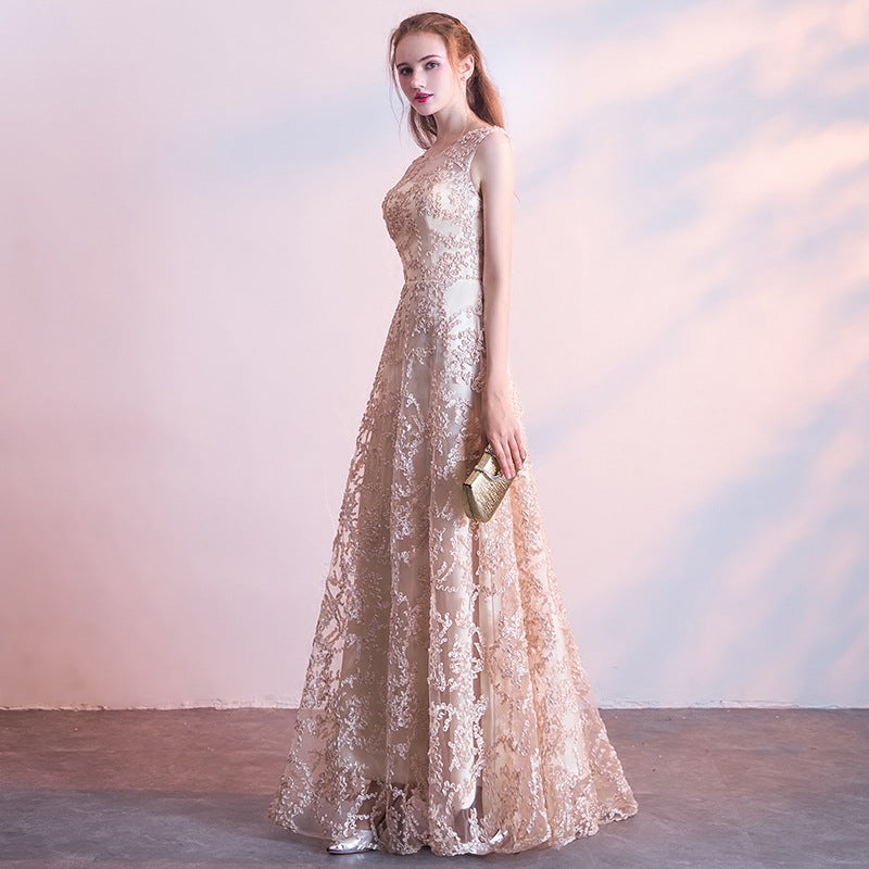 Queena Champagne Elegant Long Evening Gown Suitable for Banquets Maxi Dress Avalabel