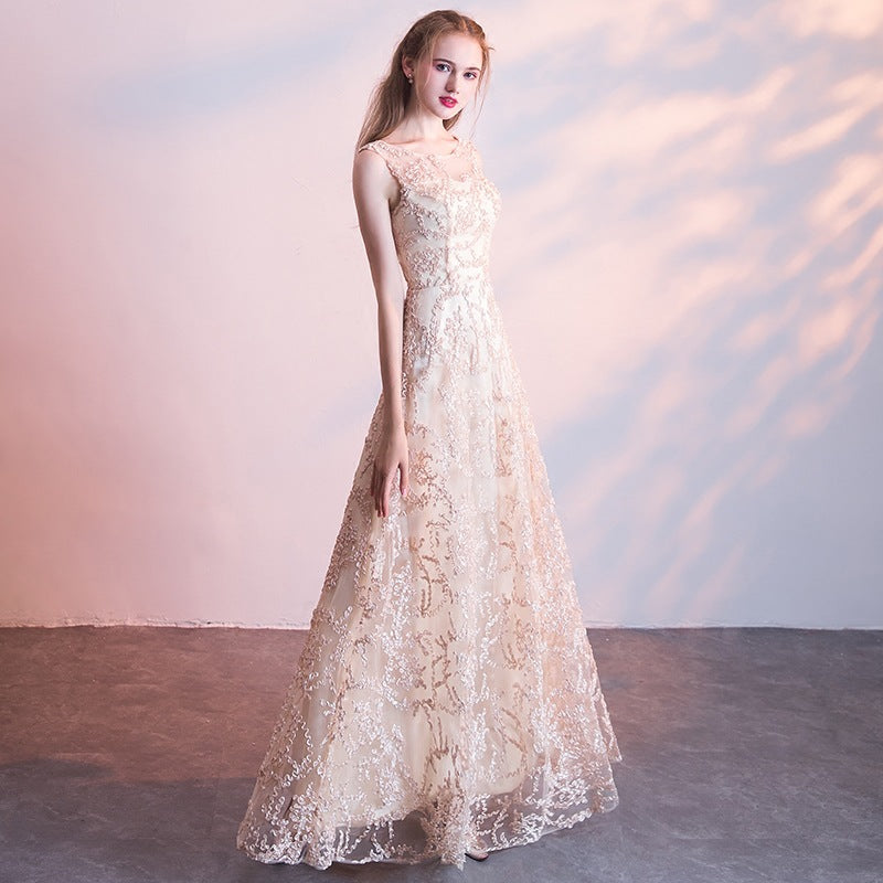 Queena Champagne Elegant Long Evening Gown Suitable for Banquets Maxi Dress Avalabel