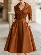 Vintage-Inspired Satin Midi Dress With Draped Collar Avalabel