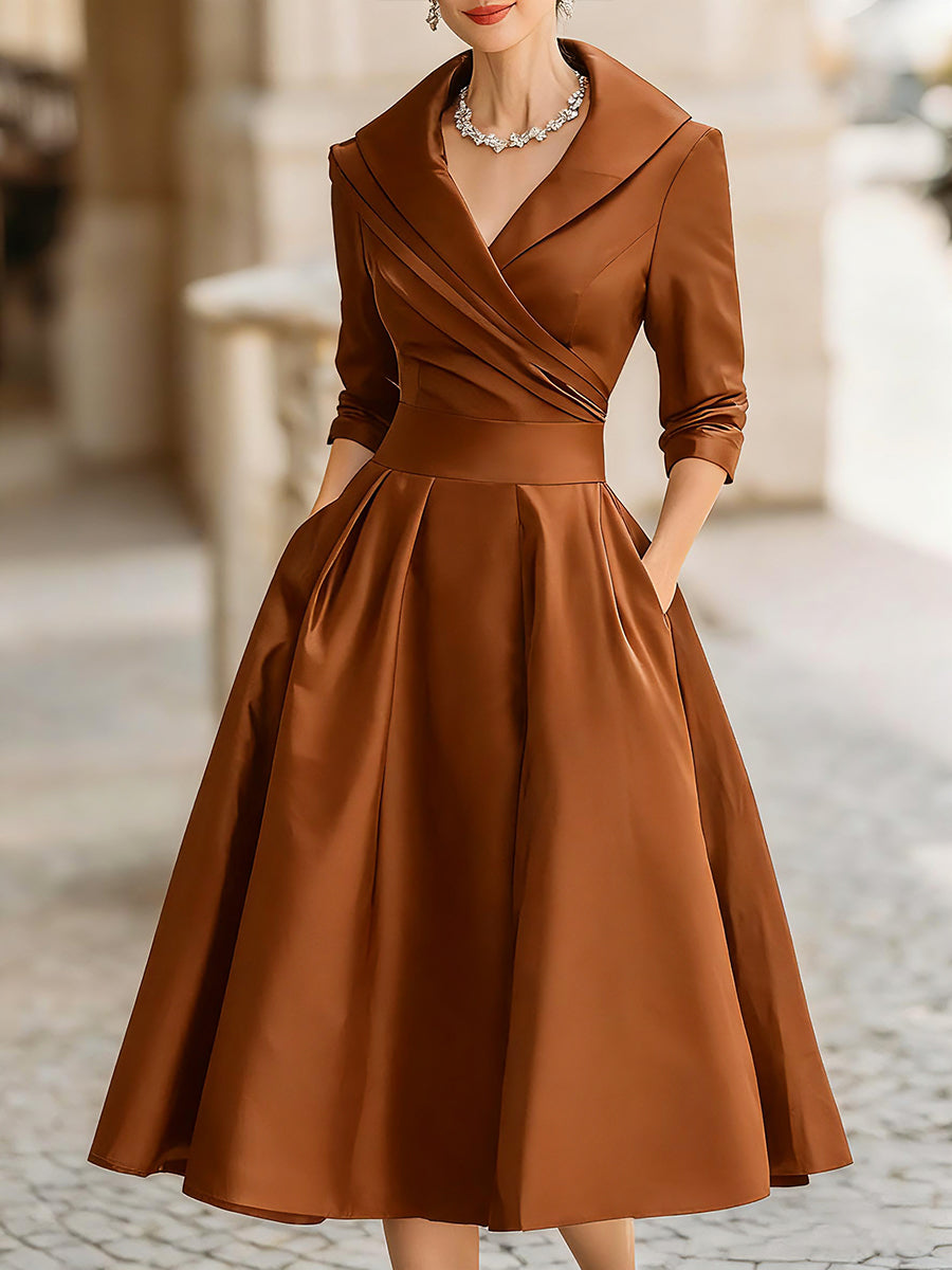 Vintage-Inspired Satin Midi Dress With Draped Collar Avalabel