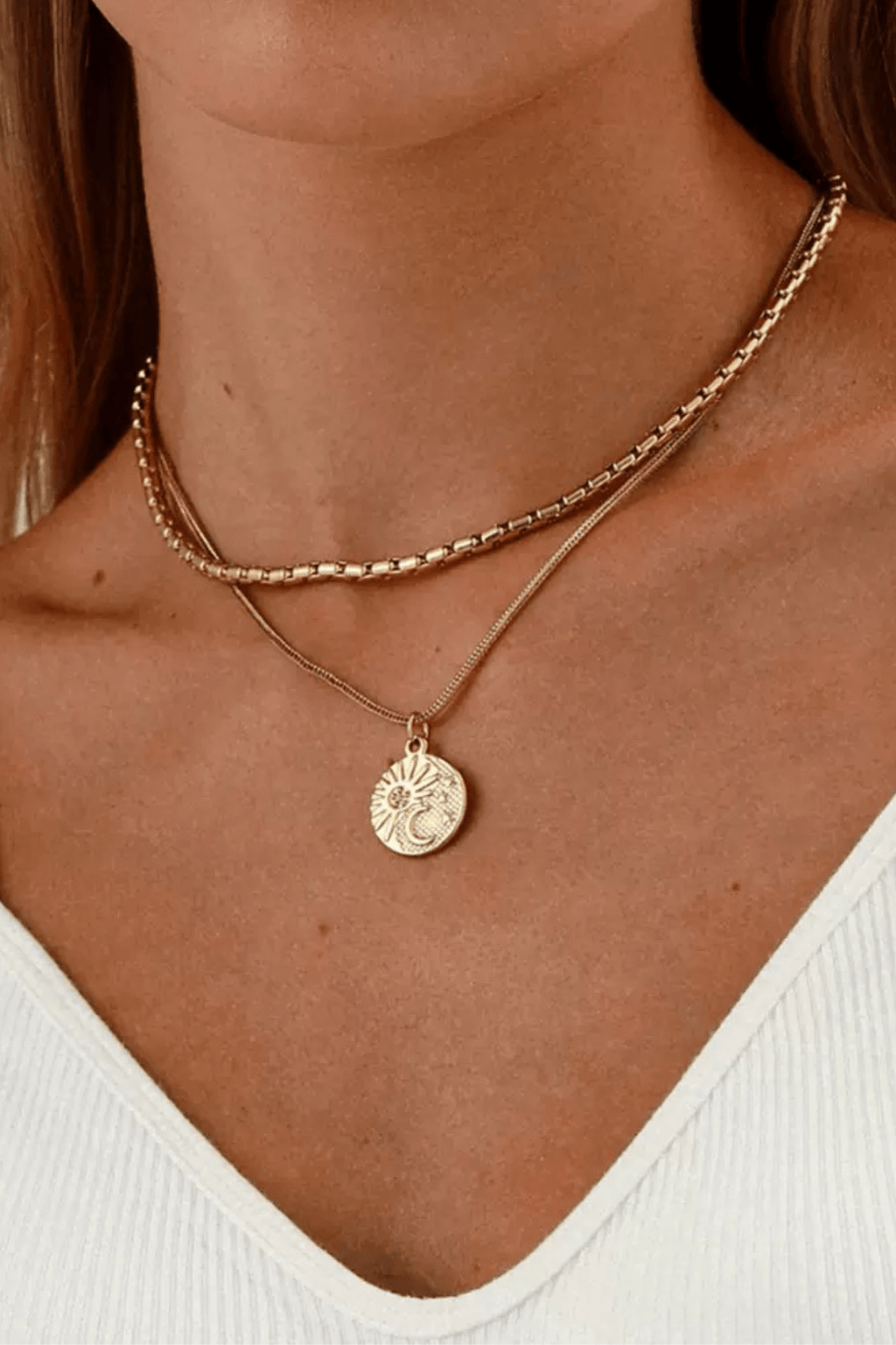 Sun Moon Coin Pendant Layered Gold Necklace Avalabel