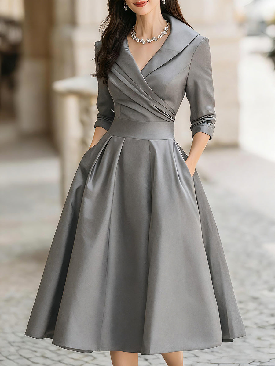 Vintage-Inspired Satin Midi Dress With Draped Collar Avalabel