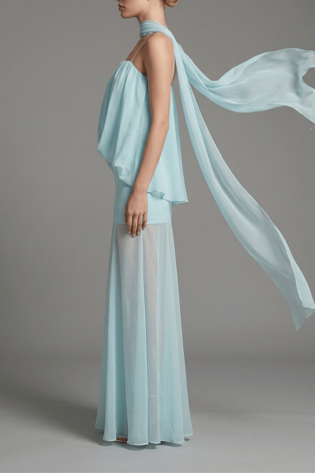 Joan Blue Spaghetti Strap Draped Sheer Dress Avalabel