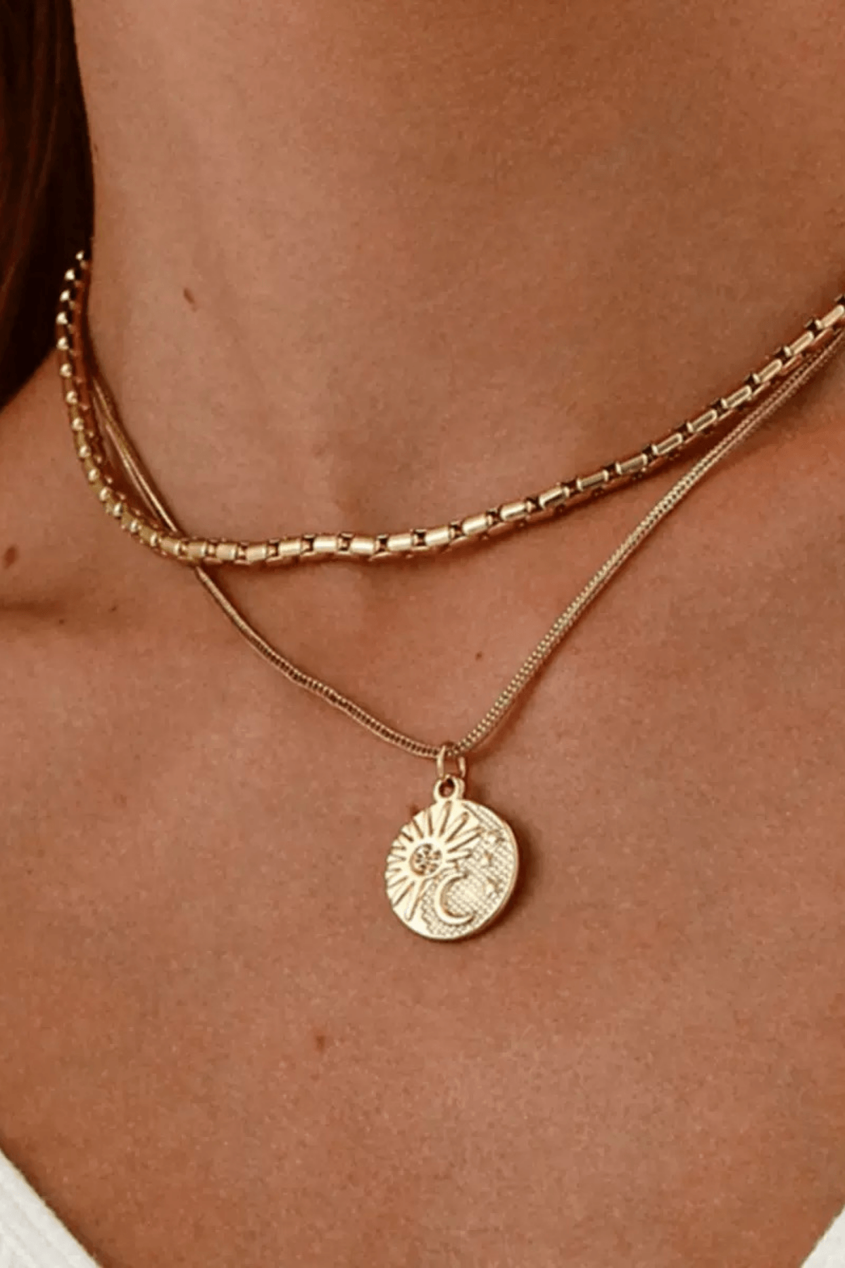 Sun Moon Coin Pendant Layered Gold Necklace Avalabel