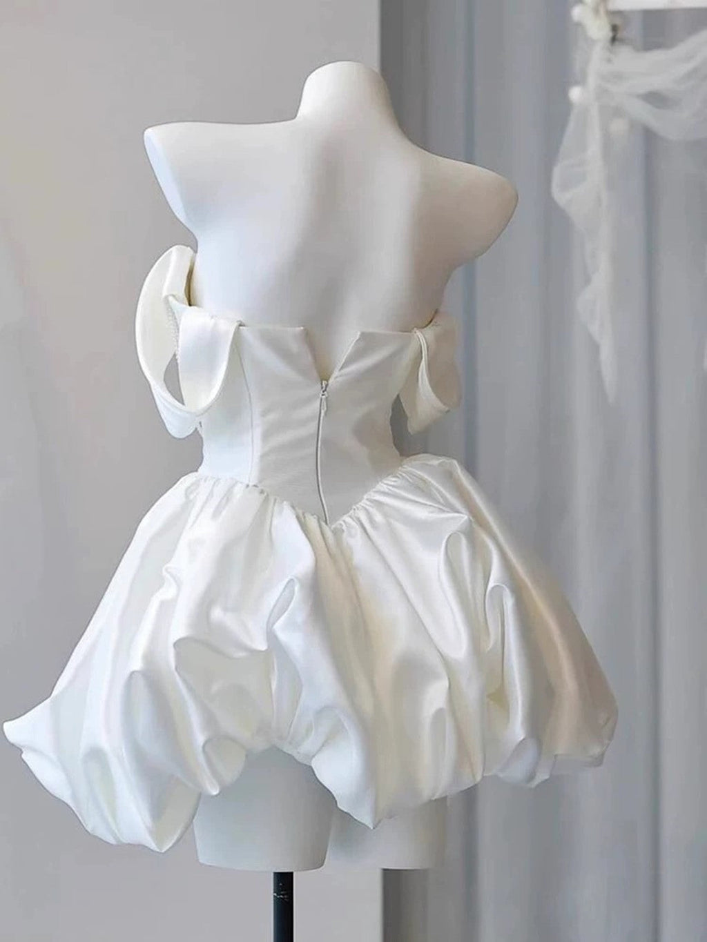 White Satin Beaded Off Shoulder Mini Dress Avalabel