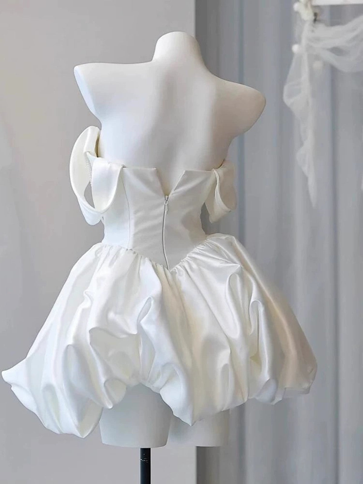 White Satin Beaded Off Shoulder Mini Dress Avalabel