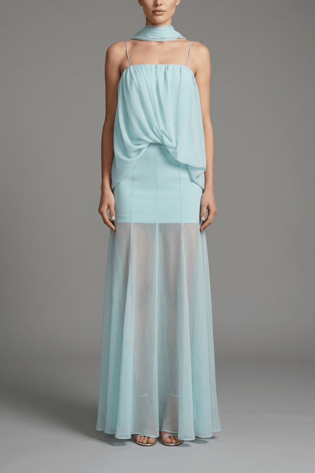 Joan Blue Spaghetti Strap Draped Sheer Dress Avalabel