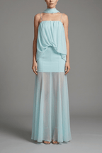 Joan Blue Spaghetti Strap Draped Sheer Dress Avalabel