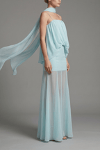 Joan Blue Spaghetti Strap Draped Sheer Dress Avalabel