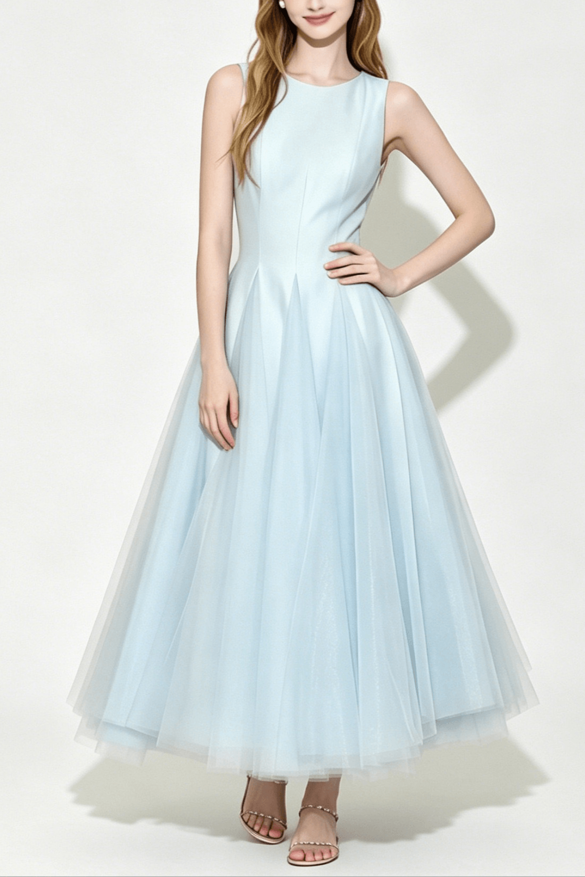 Amelia Light Blue Pleated A Line Midi Dress Avalabel