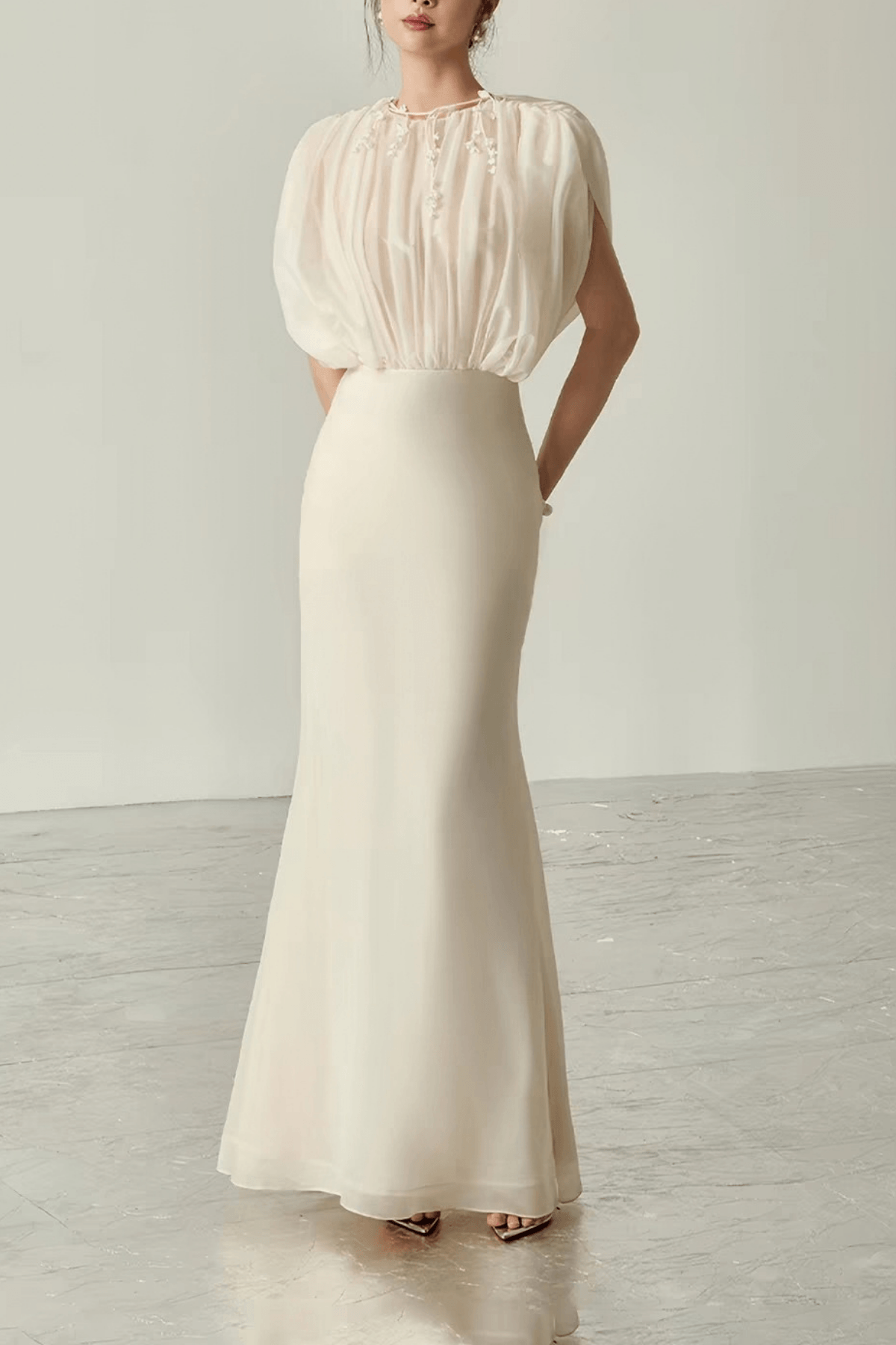 Brett White Chiffon Sleeve Mermaid Dress Avalabel