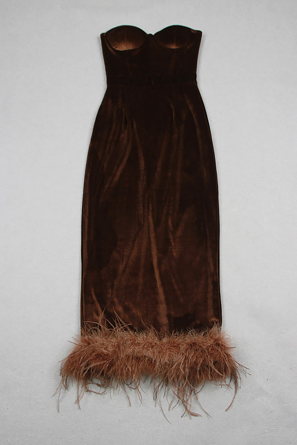 STRAPLESS BUSTIER FEATHER HEM MIDI VELVET DRESS BROWN