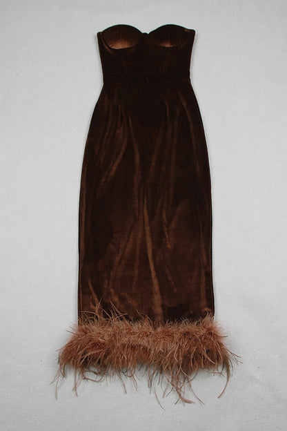 STRAPLESS BUSTIER FEATHER HEM MIDI VELVET DRESS BROWN