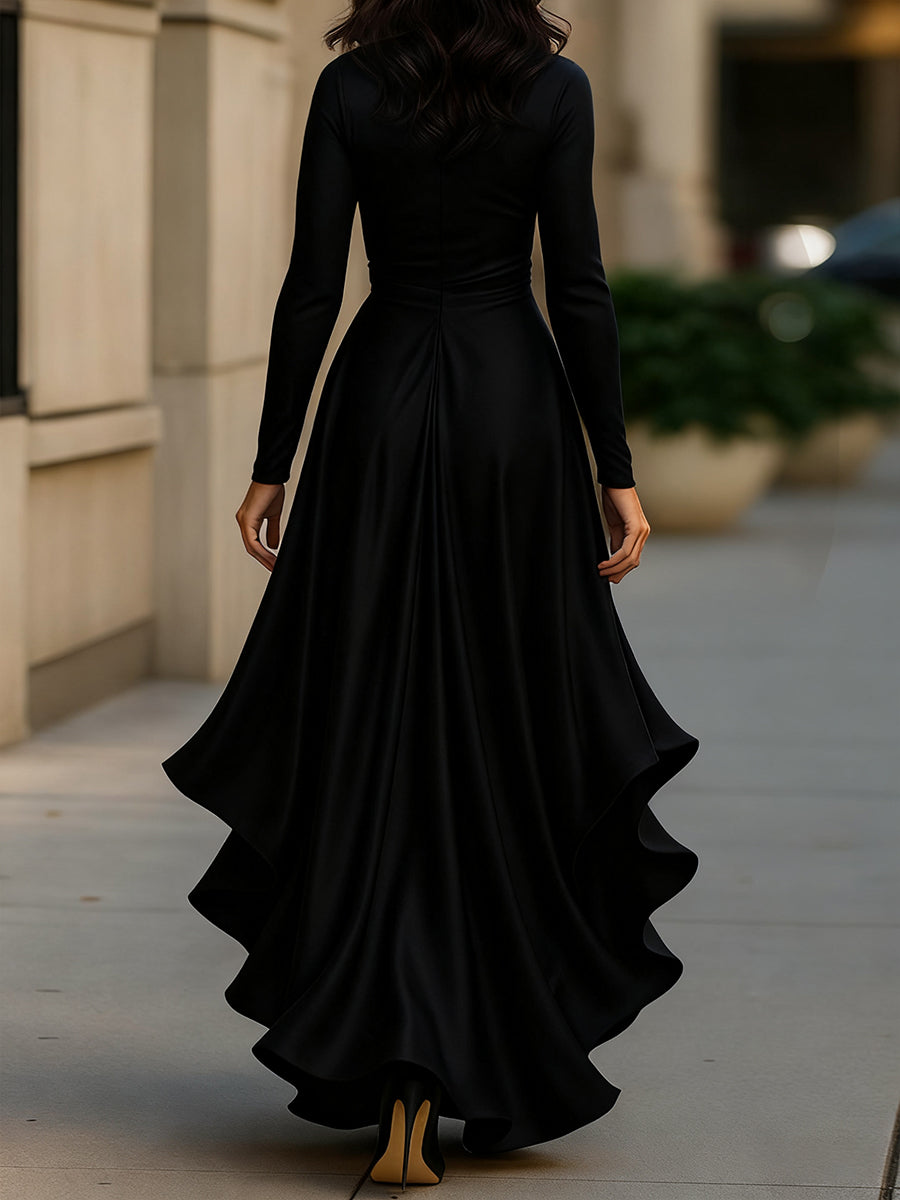 Midnight Blue Draped Satin Maxi Dress With Ruffle Details Avalabel