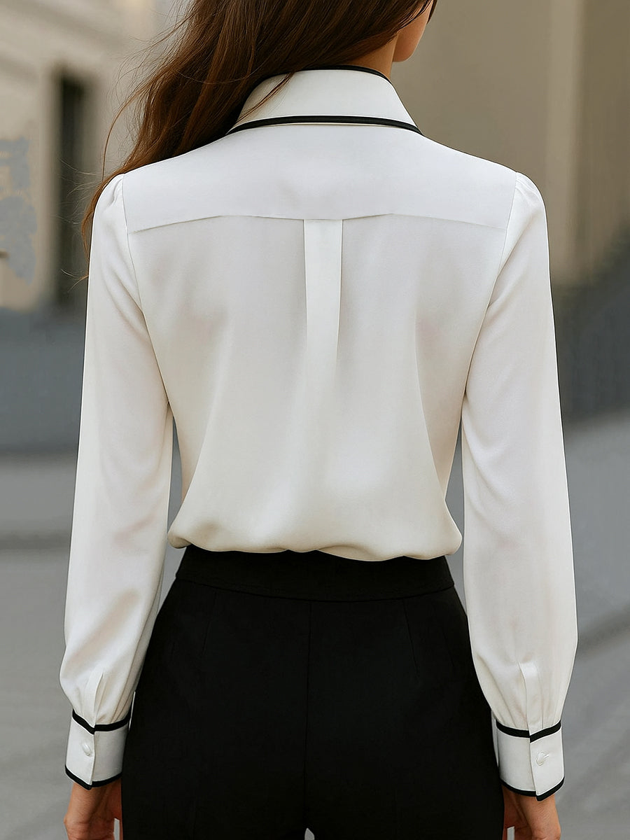 Chic Contrast Trim Tie-Neck Blouse Avalabel
