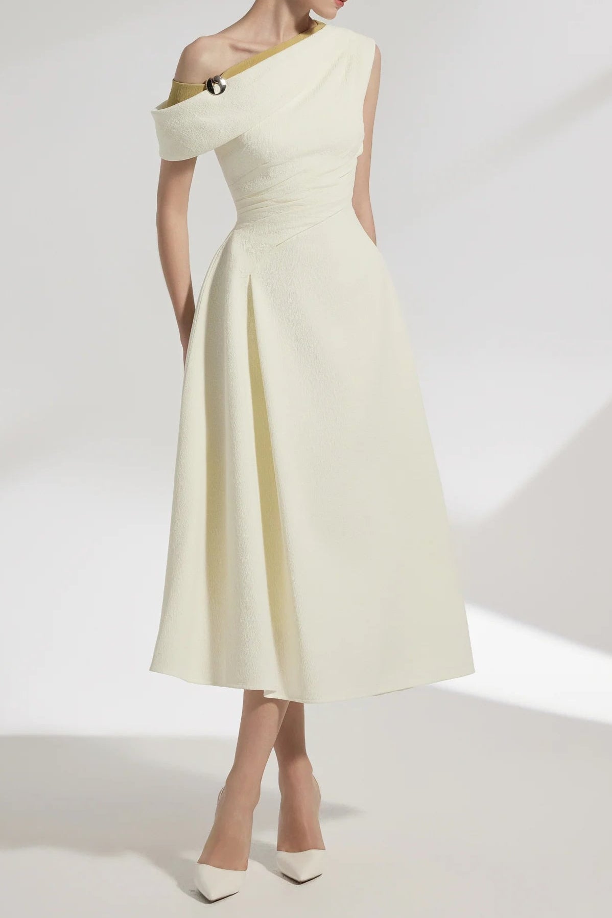 Lucy One-Shoulder A-Line Midi Dress in White Avalabel
