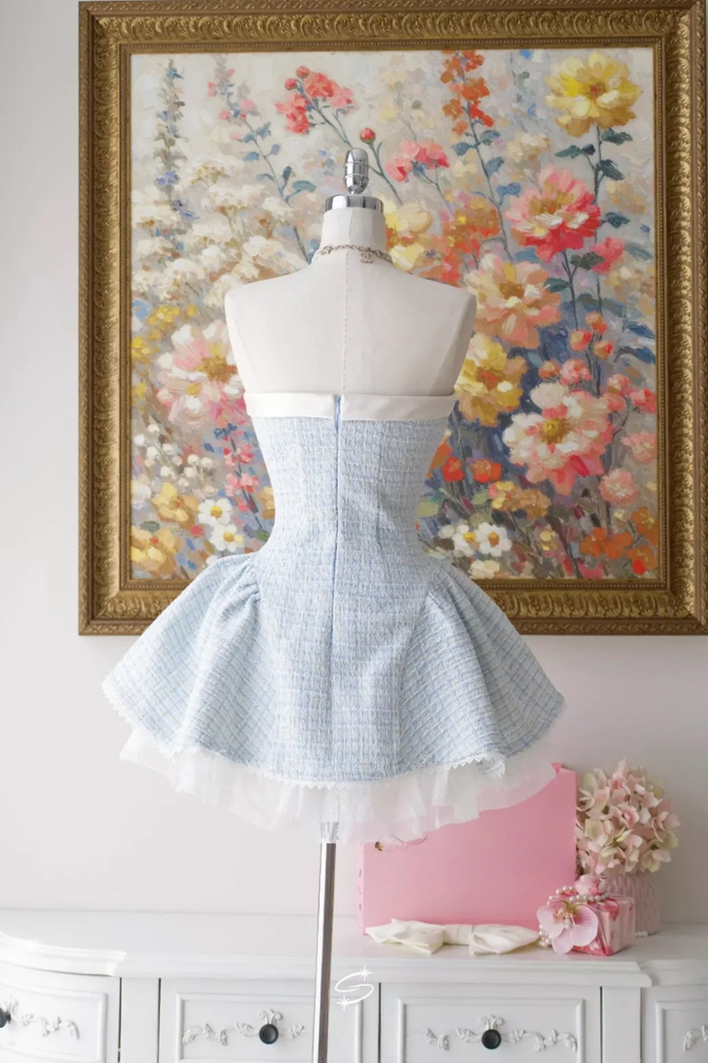 TWEED BOW MINI DRESS IN BLUE Avalabel