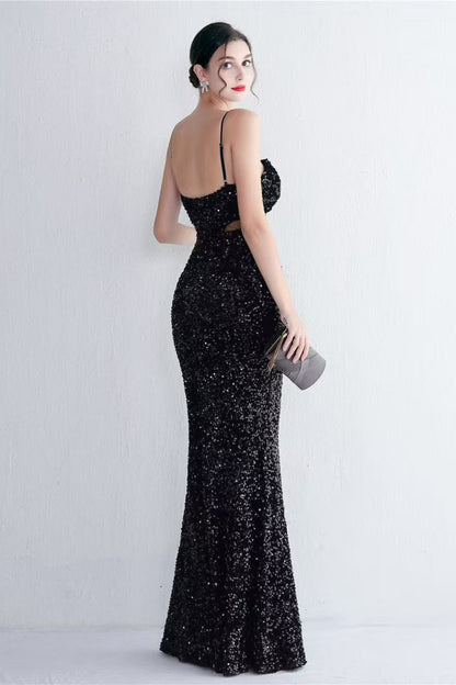 MARIAN BLACK CUTOUT SEQUINS HALTER MAXI DRESS