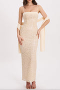 Raizel Gold Beaded Sequin Bodycon Gown with Scarf Avalabel