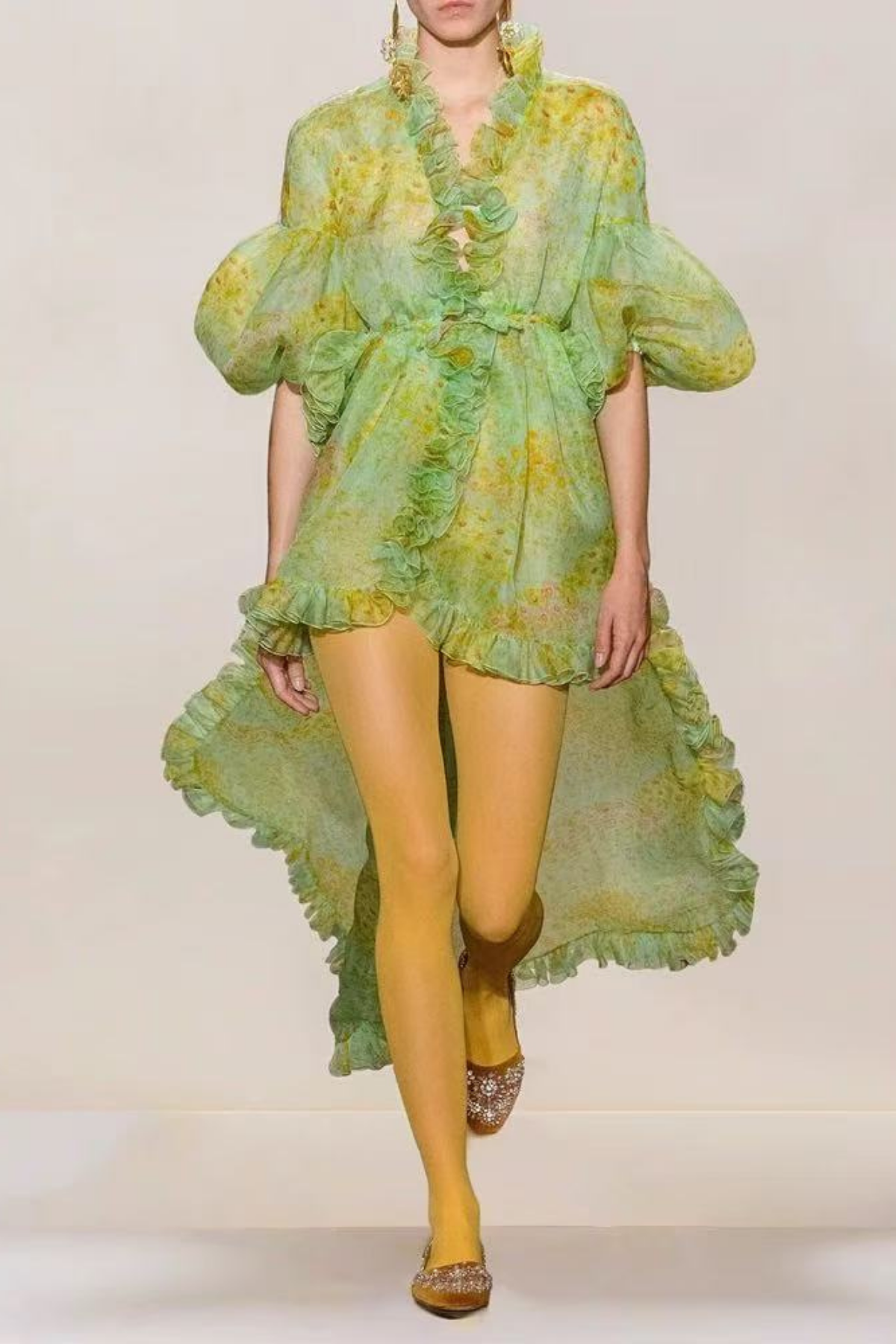 Elara Pastel Green Watercolor Floral Ruffle Dress with Puff Sleeves Avalabel
