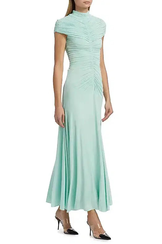 Lillian Gathered High-Neck Maxi Dress in Green Avalabel