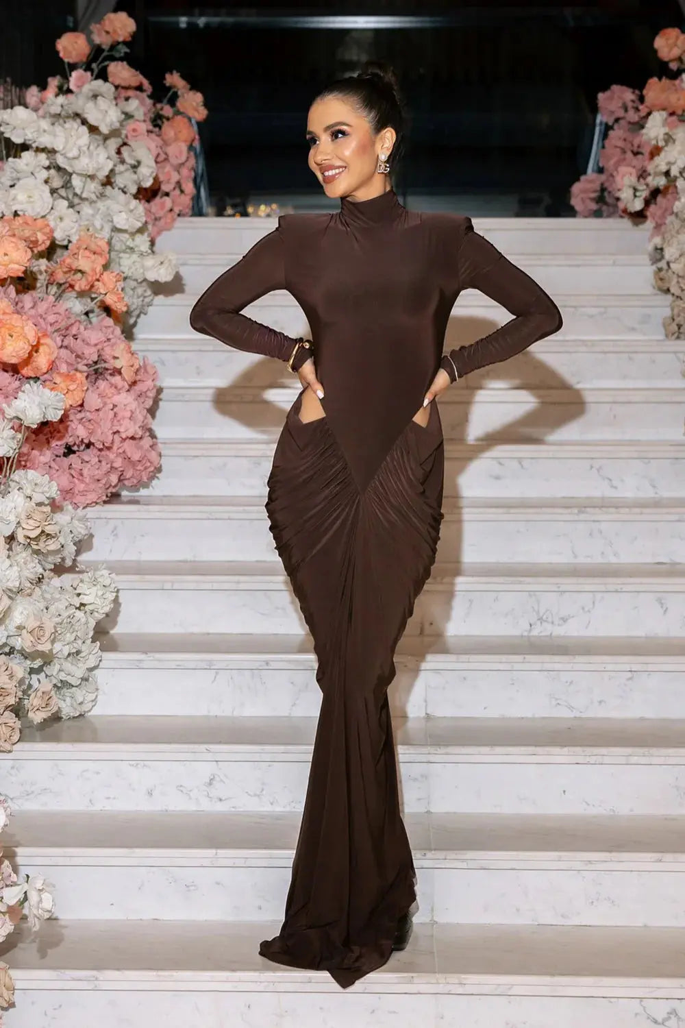 jacqueline Turtleneck Long Sleeve Cutout bodycon Gown in brown Avalabel