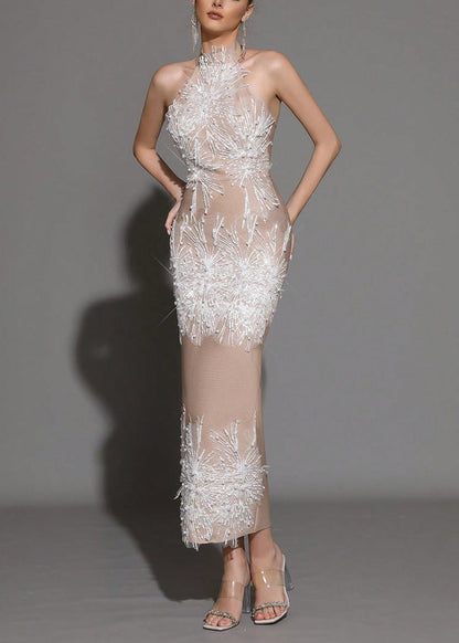 Pandora Sleeveless Beaded Tassel Sequin Bandage Maxi Dress - Khaki
