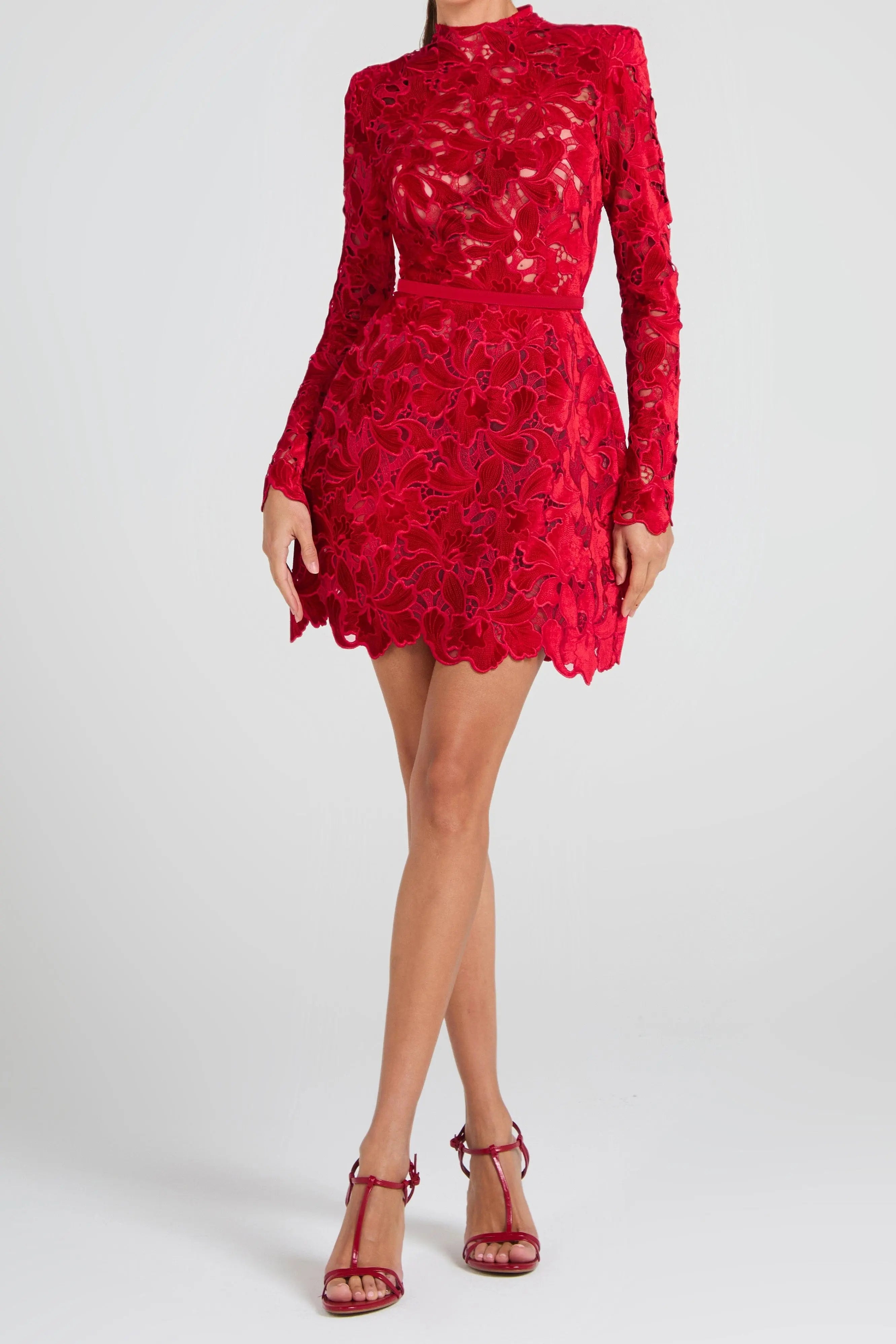 sherry Long-sleeved zippered lace mini dress in red Avalabel