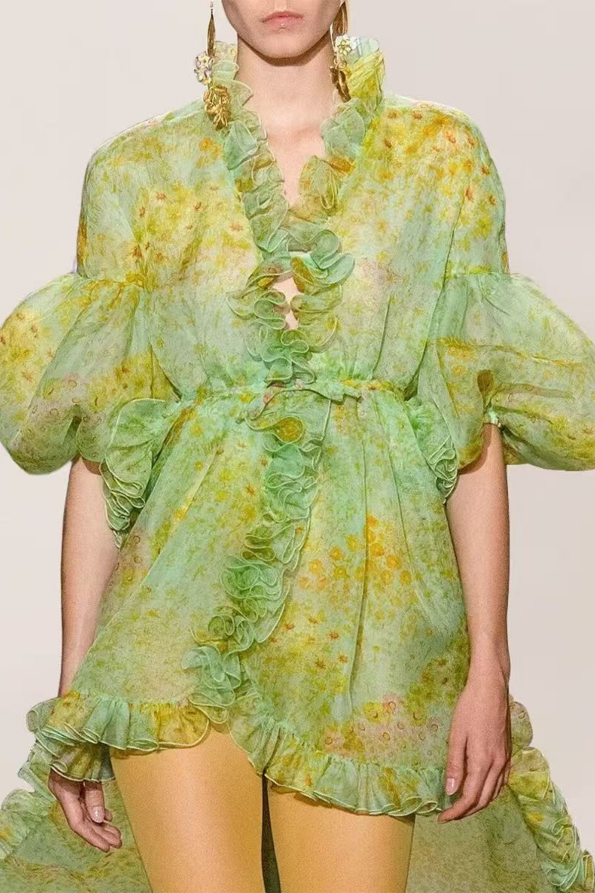 Elara Pastel Green Watercolor Floral Ruffle Dress with Puff Sleeves Avalabel