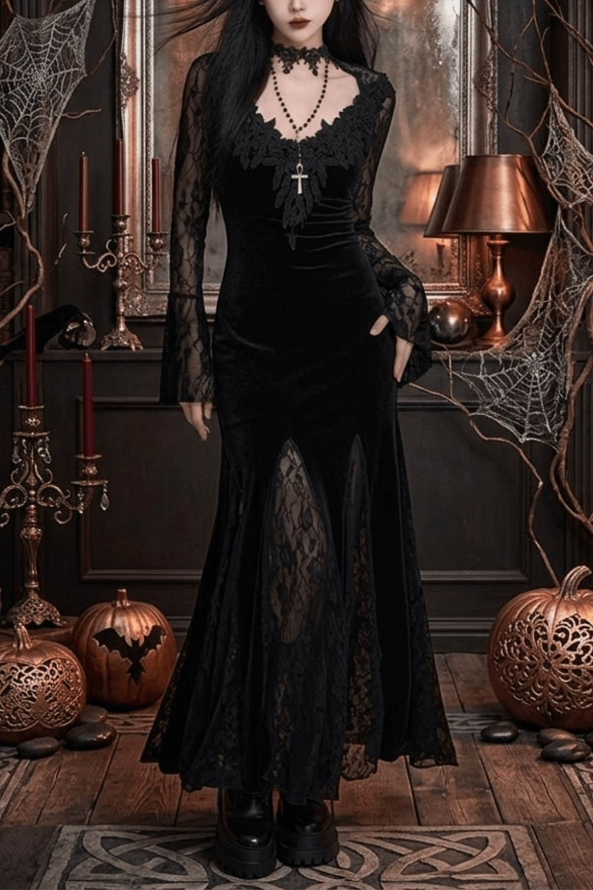 Paula Gothic Velvet Black Lace Mermaid Dress Avalabel