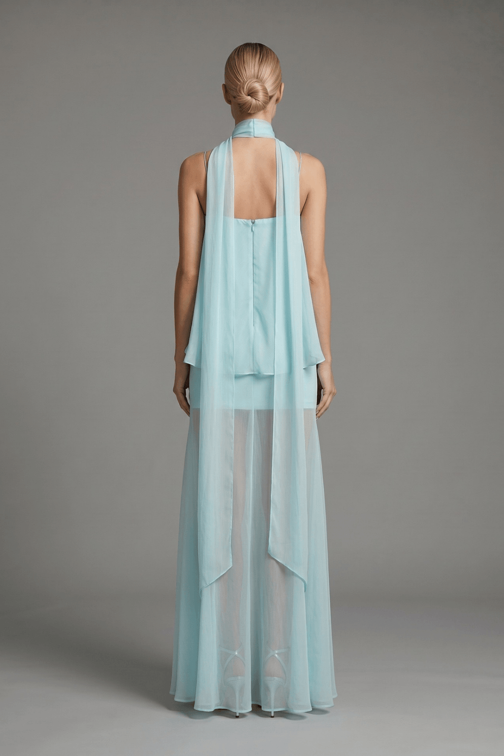 Joan Blue Spaghetti Strap Draped Sheer Dress Avalabel