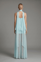 Joan Blue Spaghetti Strap Draped Sheer Dress Avalabel