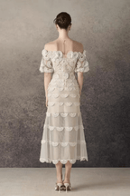 Iris Off Shoulder Tiered Lace floral tulle midi dress - Avalabel