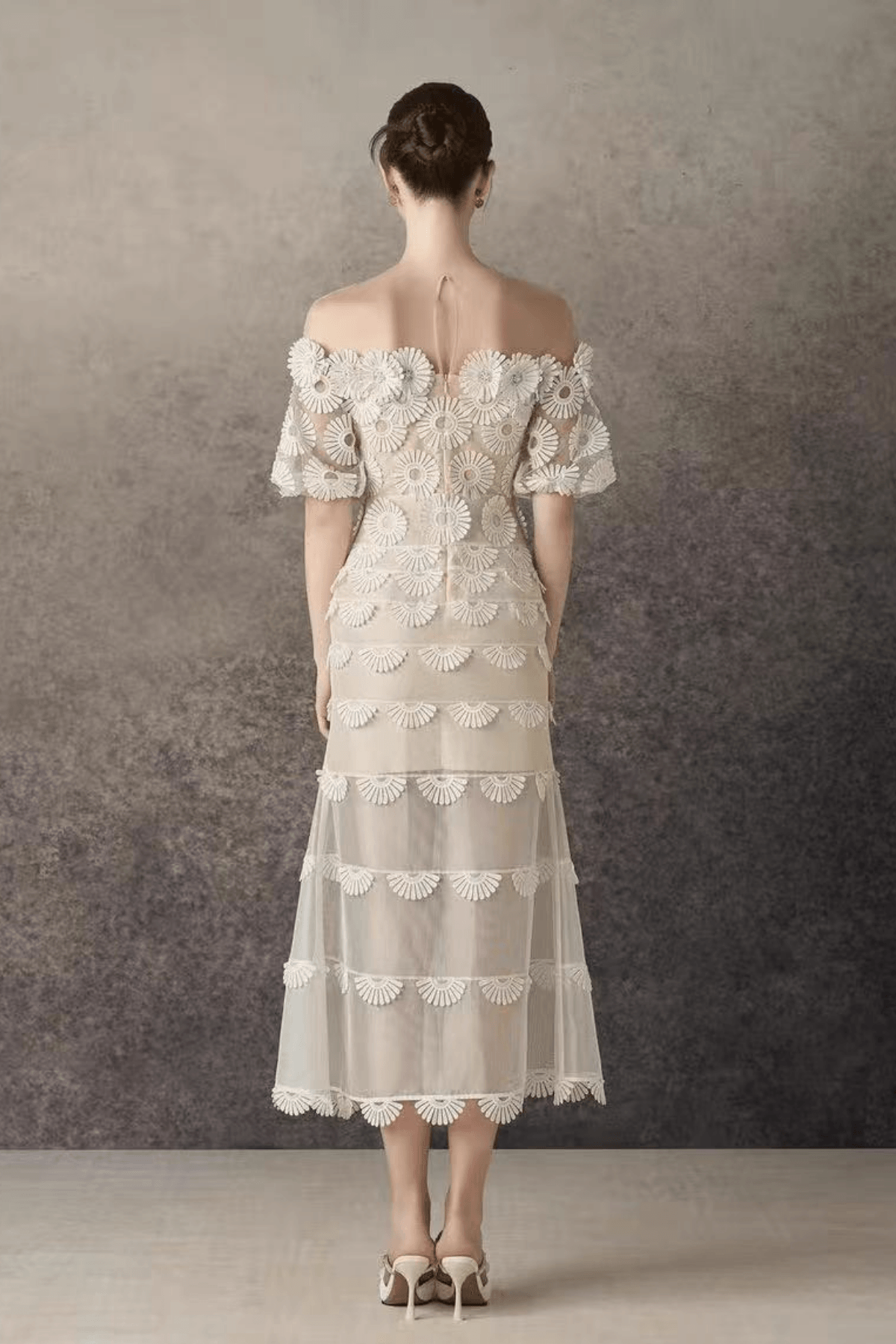 Iris Off Shoulder Tiered Lace floral tulle midi dress - Avalabel