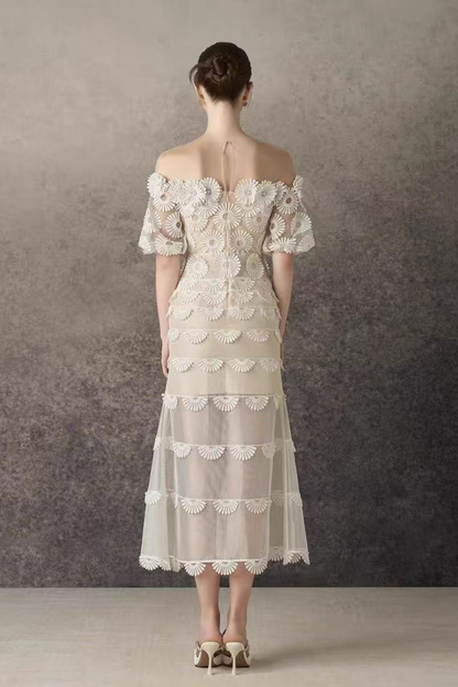 Iris Off Shoulder Tiered Daisy Lace Tulle Midi Dress