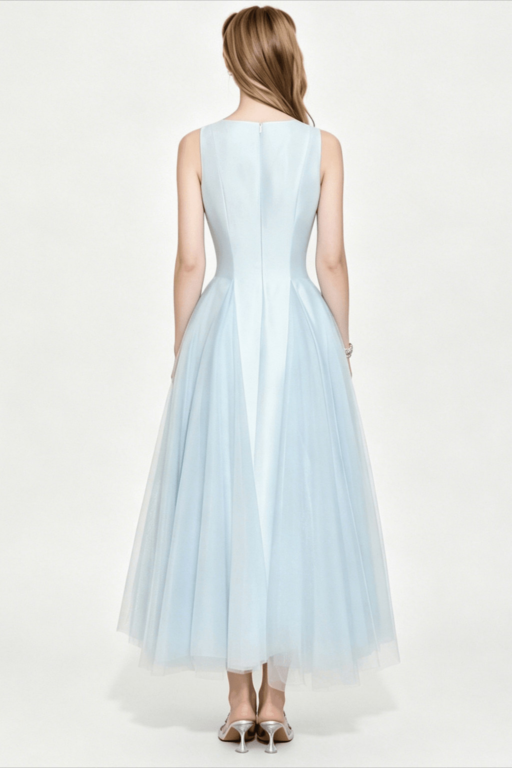 Amelia Light Blue Pleated A Line Midi Dress Avalabel