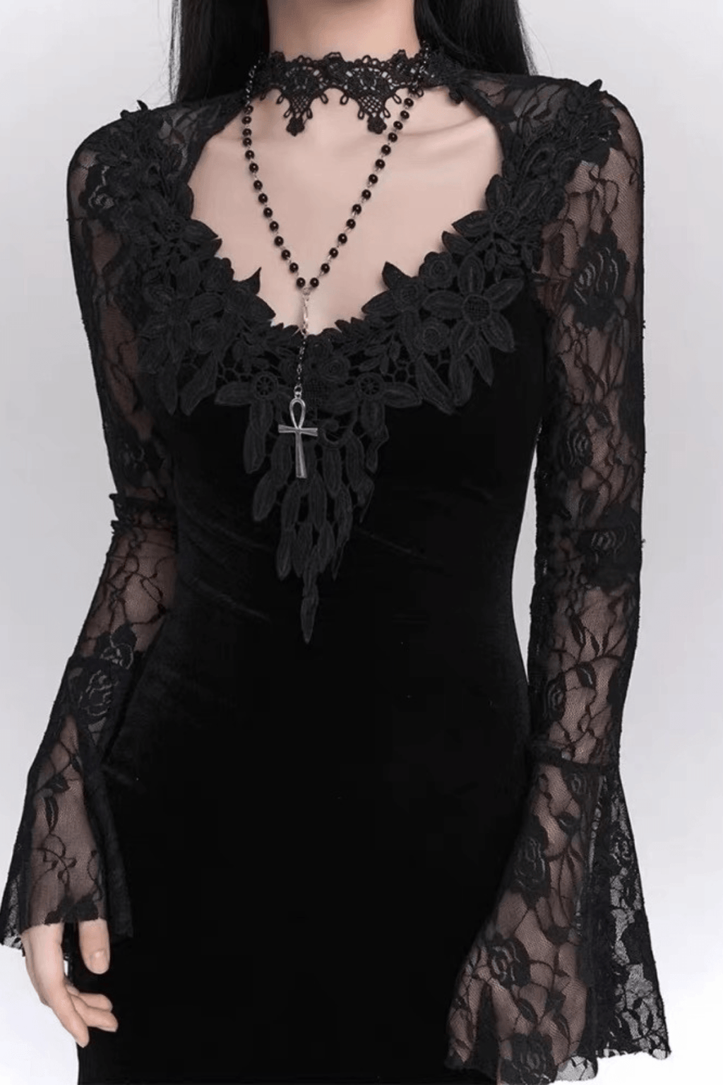 Paula Gothic Velvet Black Lace Mermaid Dress Avalabel