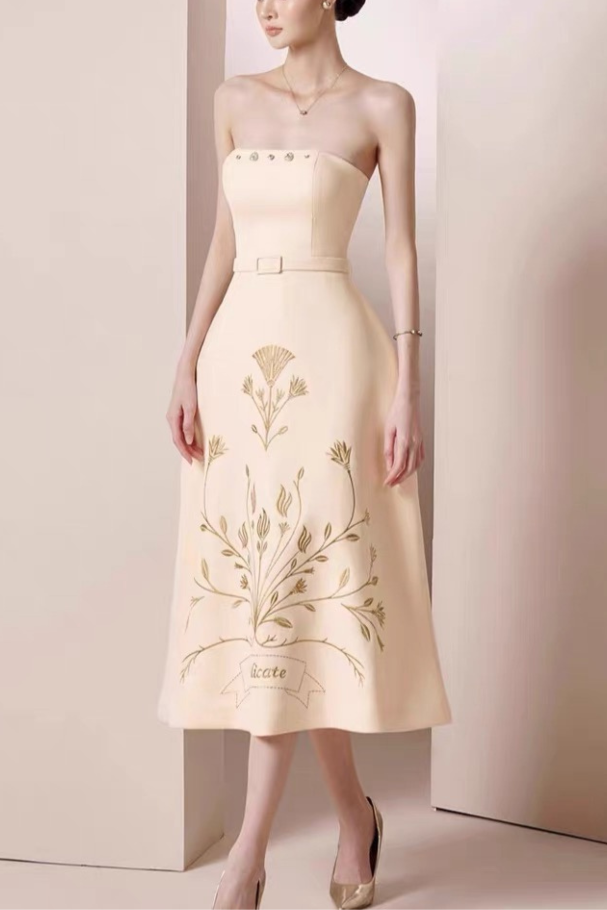 Claire Strapless Beige Botanical Embroidery Midi Dress Avalabel